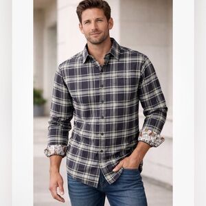 Pladra Flannel Shirt Mens XL Navy White Plaid Wildlife Print Flip Cuff Hunting